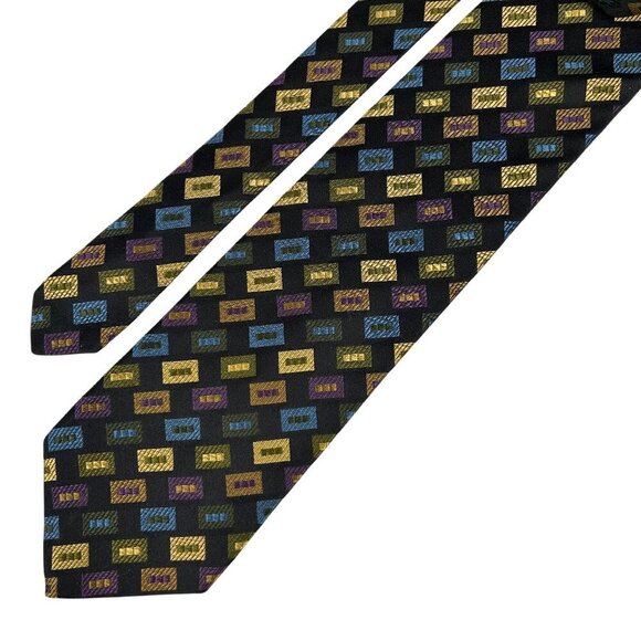 XMI Platinum Men’s Black Blue Gold Geometric 100% Silk Tie - Picture 2 of 6